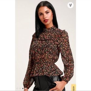 Pretty as Petals Black Floral Print Ruffled Long Sleeve Top from Lulu's